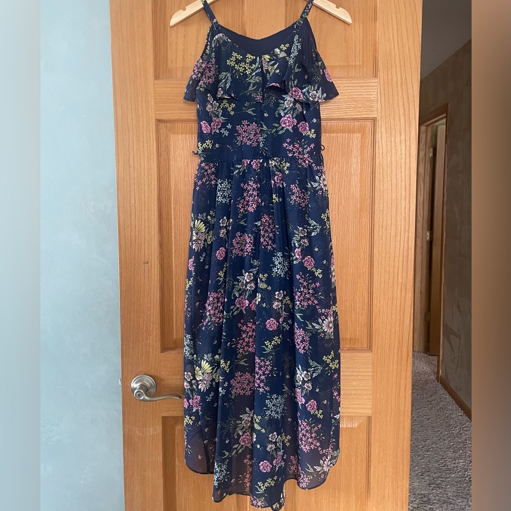 AMY BYER floral romper with cold shoulder lined shorts hi low skirt size 14 EUC